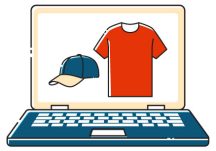 Laptop with T-shirt and cap illustrating the “Build your store” step.