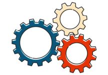 Interlocking gears for the “We handle printing, shipping, inventory, and taxes” step.