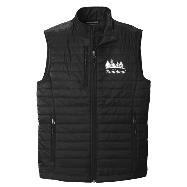 Black Camp Runabout Origin Vest with embroidered white logo featuring pine trees and runner silhouette on the chest.