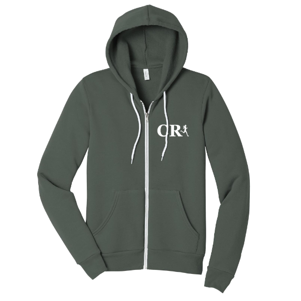 Unisex military green Camp Runabout Sponge Fleece Full-Zip Hoodie with white “CR” logo on the chest.