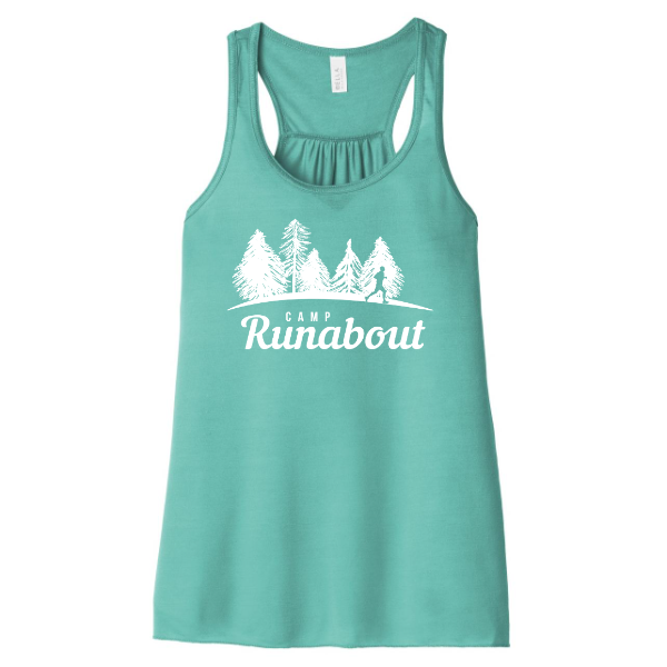 Women’s teal green Camp Runabout Flowy Racerback Tank with white logo featuring pine trees and runner silhouette on chest.