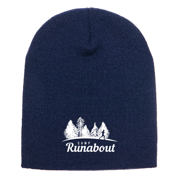 Navy Camp Runabout knit beanie with embroidered white logo featuring pine trees and a runner silhouette.