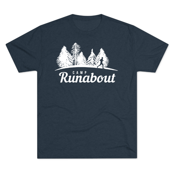 A navy Camp Runabout Classic Tee featuring a minimalist logo on front.