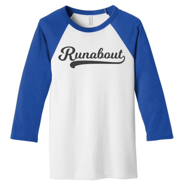 White and royal Camp Runabout 3/4 sleeve baseball tee with “Runabout” script logo printed on chest.