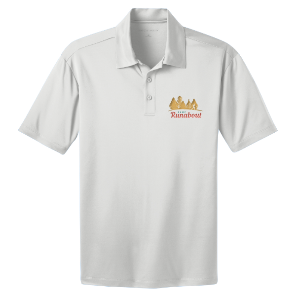 White Camp Runabout Performance Polo with embroidered gold pine trees and red Runabout logo on left chest.