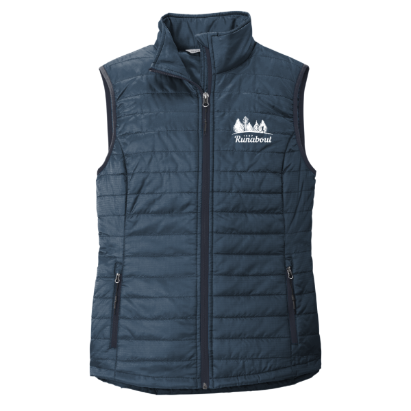 Women’s navy Camp Runabout Packable Puffy Vest with embroidered white logo featuring pine trees and runner silhouette on chest.